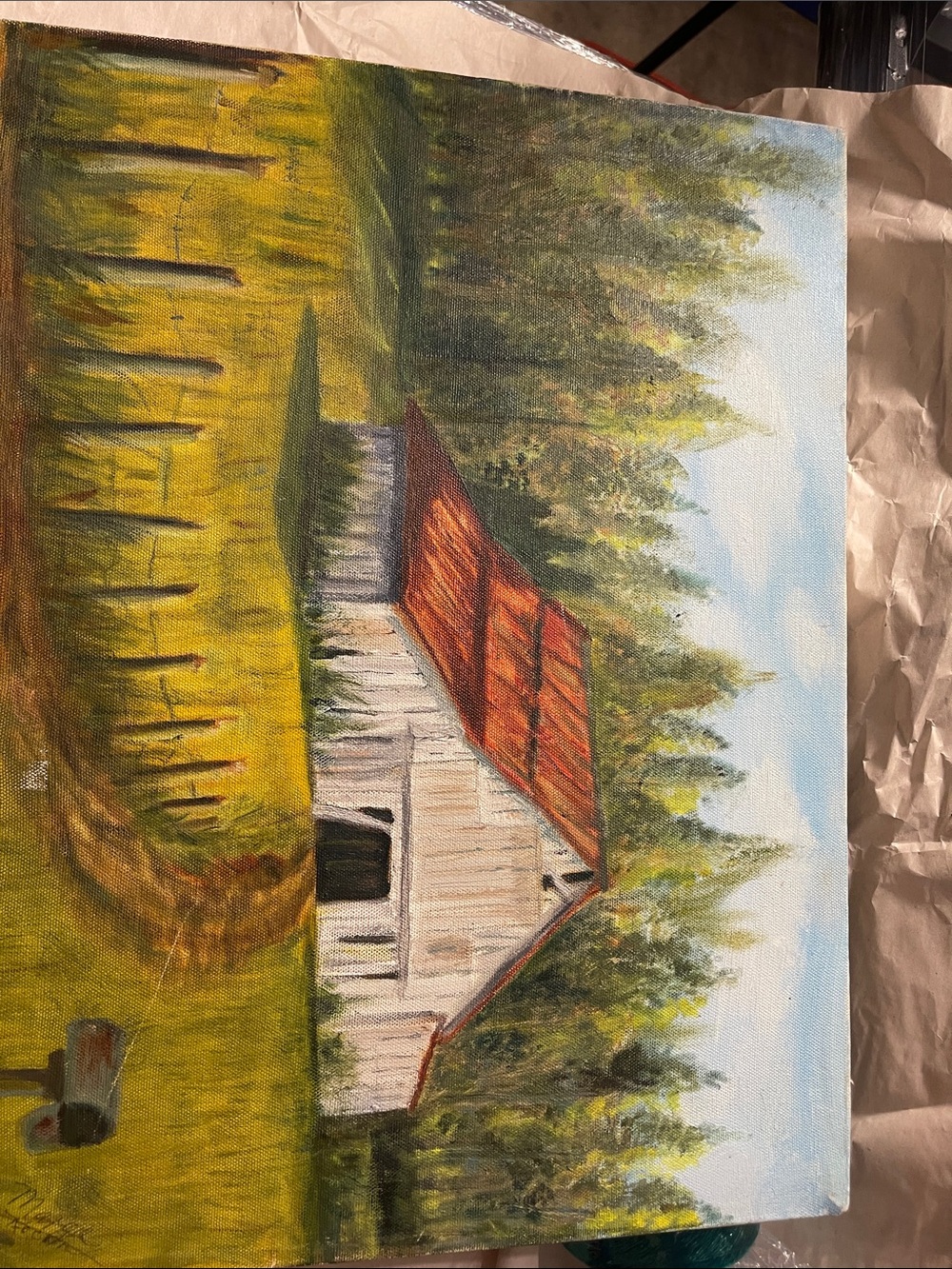 Masters White Barn with Red Roof in Green and Yellow Field